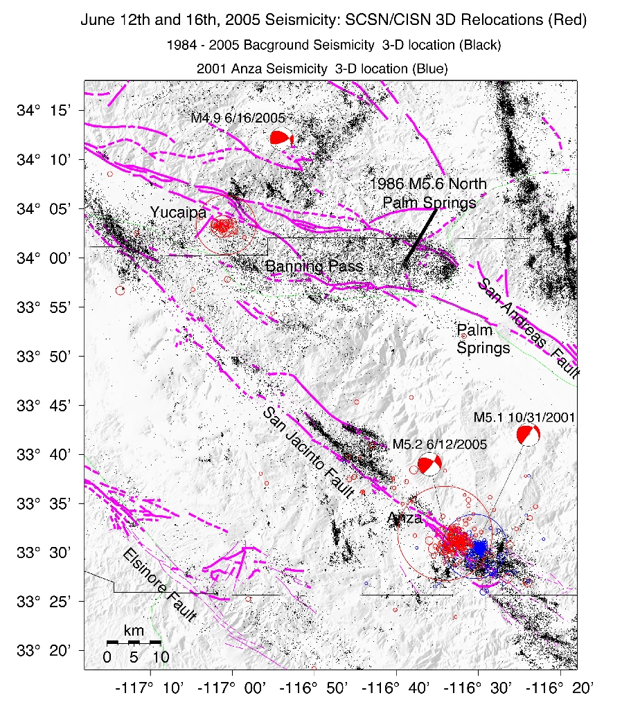 Map of
Yucaipa and Anza seismicity