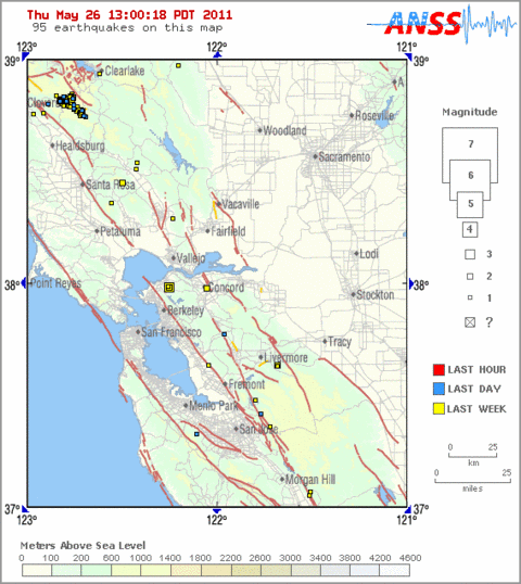 Map showing May 21 M 3.4 Hercules quake and aftershocks, and area fault zones