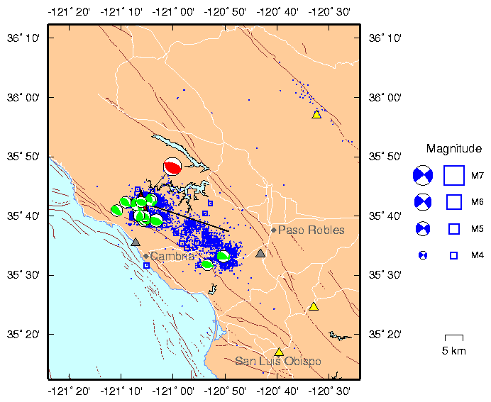 Mainshock and aftershock seismicity San Simeon area